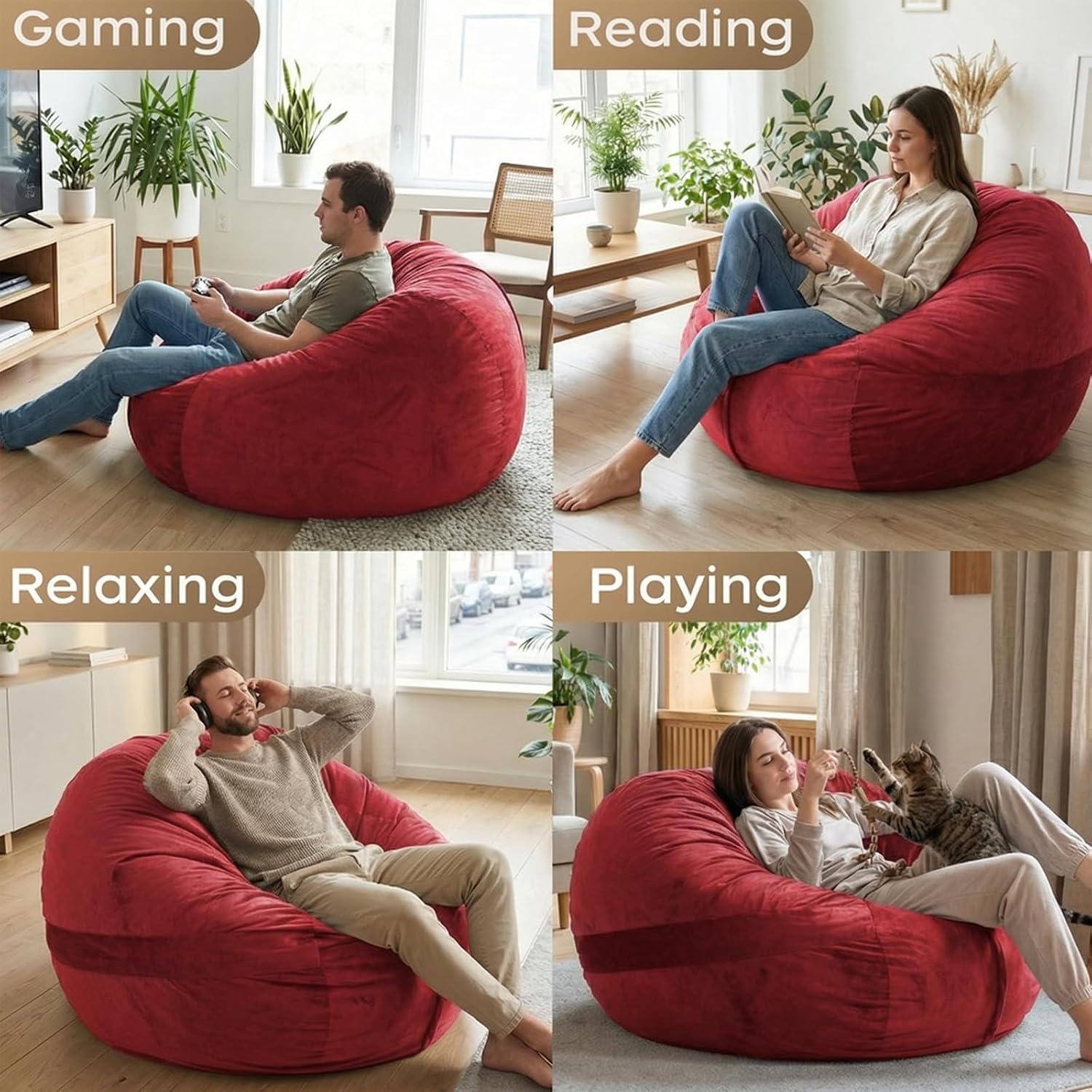 YuppieLife 4FT Foam Filled Bean Bag Chair, Lazy Sofa for Adults, Red | Ready to use, 2-in-1 design: bean bag or sofa mode, Dutch velvet cover, Machine washable, Comfortable