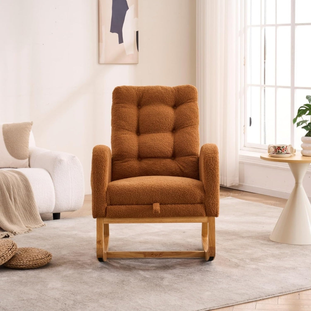Upholstered Rocking Armchair with Footrest 39.76" High Back Teddy Fabric Rocker Chair with Side Storage Pocket and Rubber Wood Base for Living Room Bedroom Nursery (Caramel)