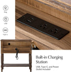 HULALA HOME End Table with Charging Station, Solid Wood Side Table with 2 Drawers & Open Shelf, Vintage Finish, Spindle Legs(Walnut)