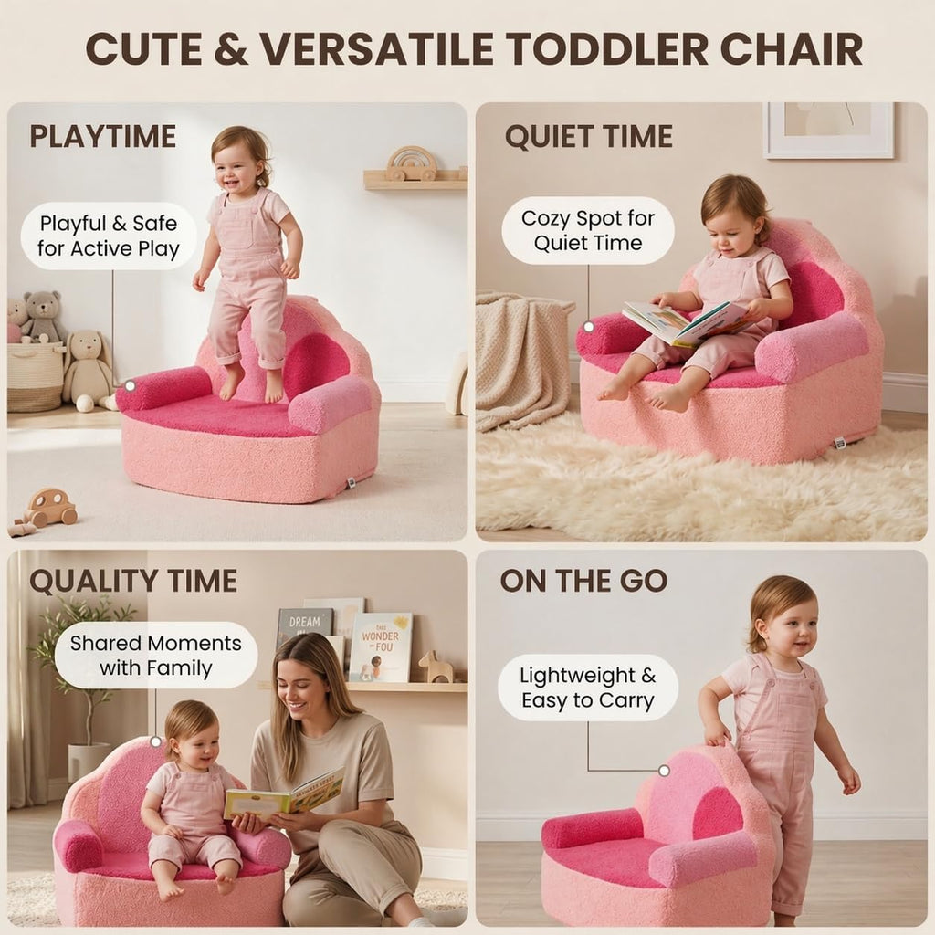 Toddler Foam Chair | Cute Pink Soft Lounge Chair for Toddler Girls Ages 1–4 | Comfy Lightweight Reading Seat for Nursery, Bedroom & Playroom Décor