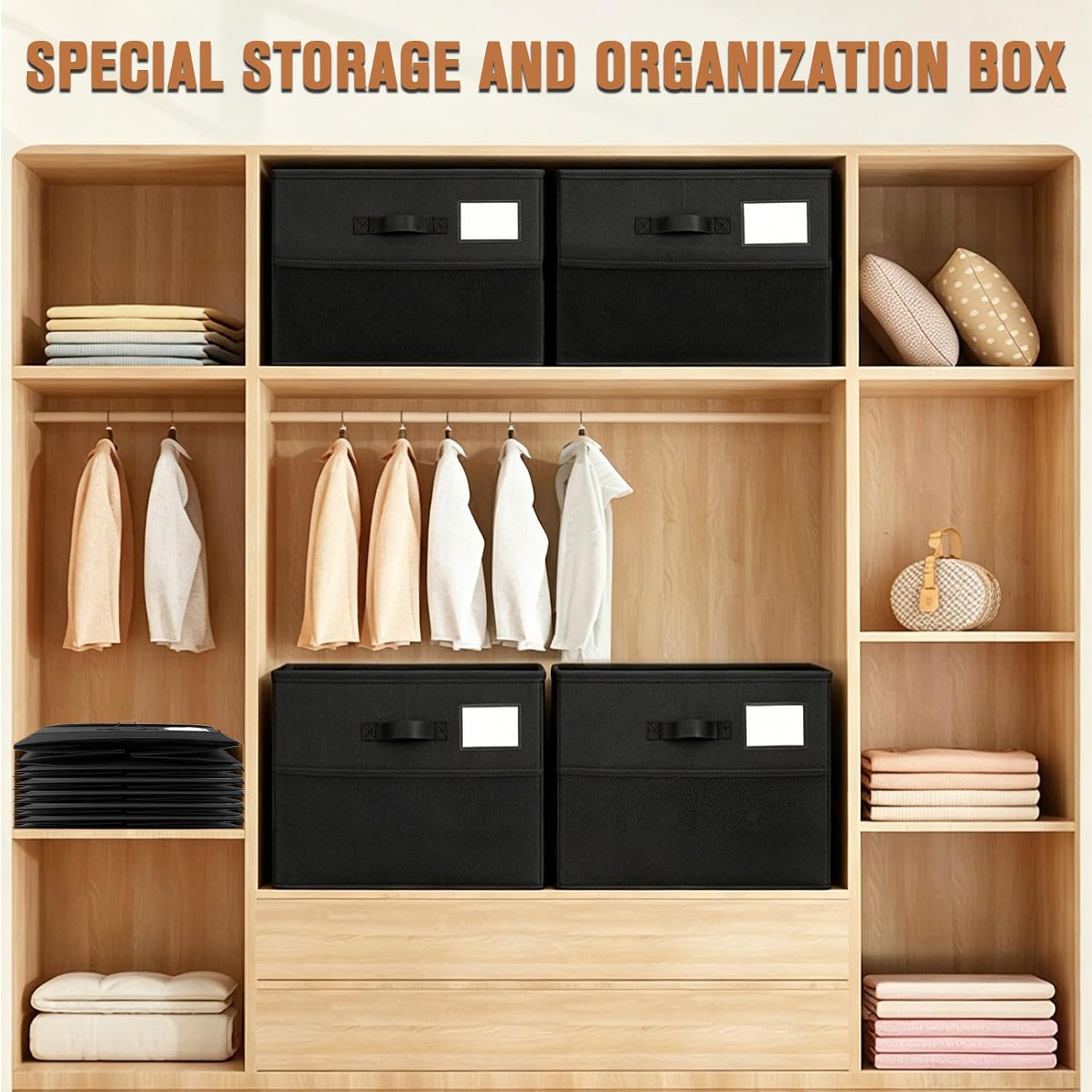 2 Pack Shoe Organizer for Closet, Adjustable Dividers Foldable Shoe Storage Box with Clear Cover, Fits Up to 32 Pairs Large Space Saving Shoe Containers, Reinforced Handles, Black