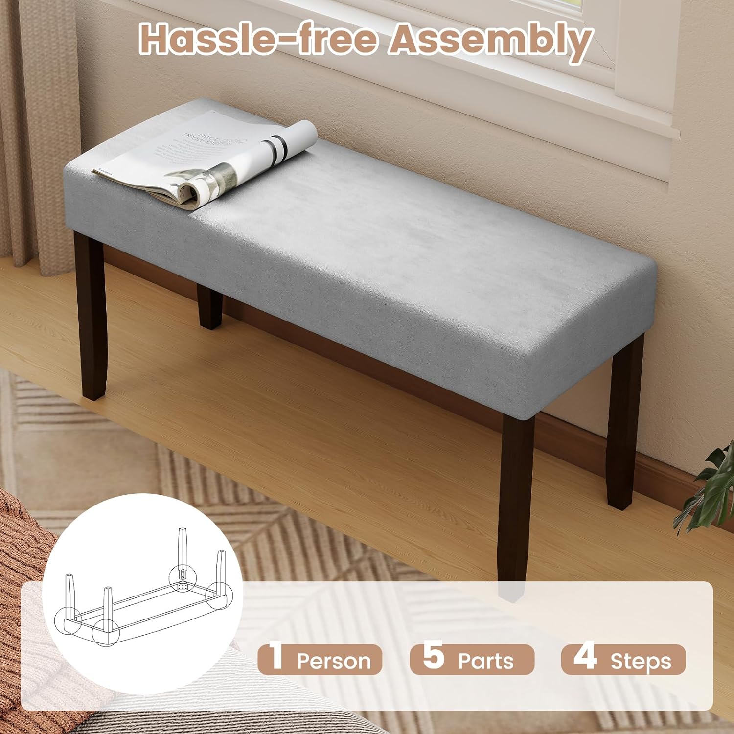 Giantex 40.5" Upholstered Entryway Bench with Padded Seat & Solid Rubber Wood Legs, Load 400Lbs, Indoor Velvet Dining Bench for Living Room, Kitchen, End of Bed, Hallway