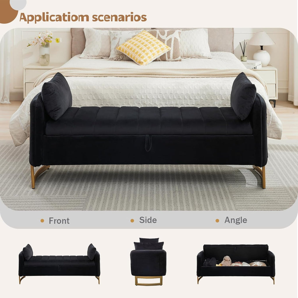 66" End of Bed Storage Bench King Size, Velvet Storage Benches for Bedroom Foot of Bed, Upholstered Storage Ottoman Bench with Golden Legs and Pillow for Living Room Window Entryway, Black