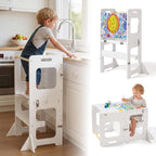 labebe 4-in-1 Toddler Kitchen Helper Tower with Chalkboard, Foldable Learning Standing Stool for Kids 18M+, Wooden Montessori Step Stool for Kitchen Counter, Bathroom Sink & Playroom