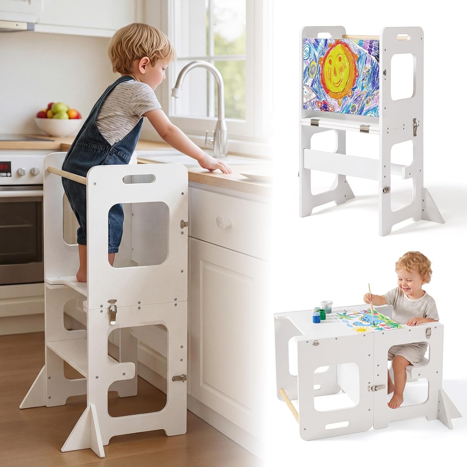 labebe 4-in-1 Toddler Kitchen Helper Tower with Chalkboard, Foldable Learning Standing Stool for Kids 18M+, Wooden Montessori Step Stool for Kitchen Counter, Bathroom Sink & Playroom