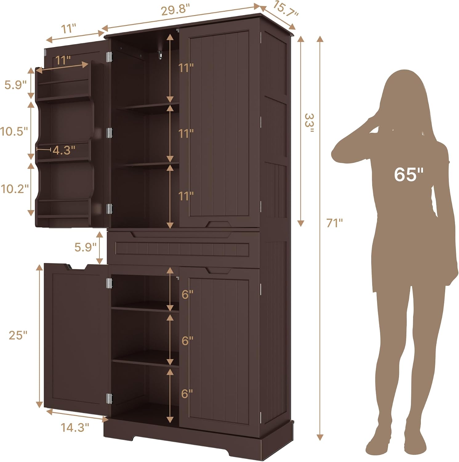 Gizoon 71" Tall Kitchen Pantry Cabinet with Doors and Adjustable Shelves, Pantry Storage Cabinet with Drawer for Small Kitchen Bathroom Laundry Room, Painted Dark Brown