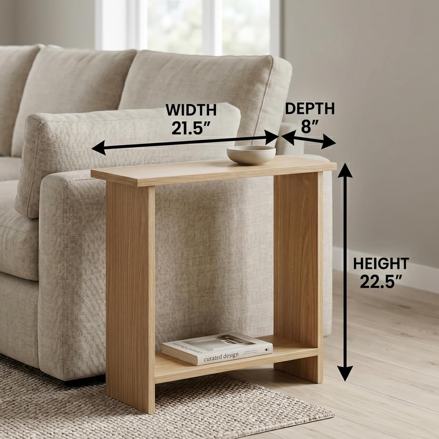 Narrow Side Table for Living Room, Slim End Table for Small Spaces Between Couch, Recliner or Armchair, 2 Tier Skinny Table with Open Shelf, Engineered Wood Sofa Beverage Thin Stand (Natural)