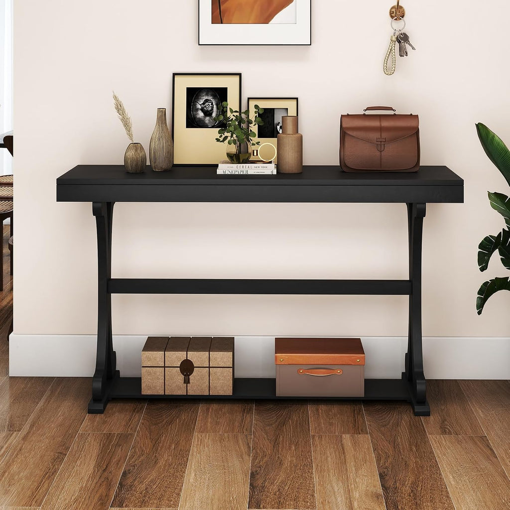 Giantex 52" Narrow Console Table, Vintage Accent Entryway Table with Open Storage Shelf, Long Wooden Behind Couch Sofa Table with Anti-tip Kit for Small Spaces Living Room Hallway (Black)