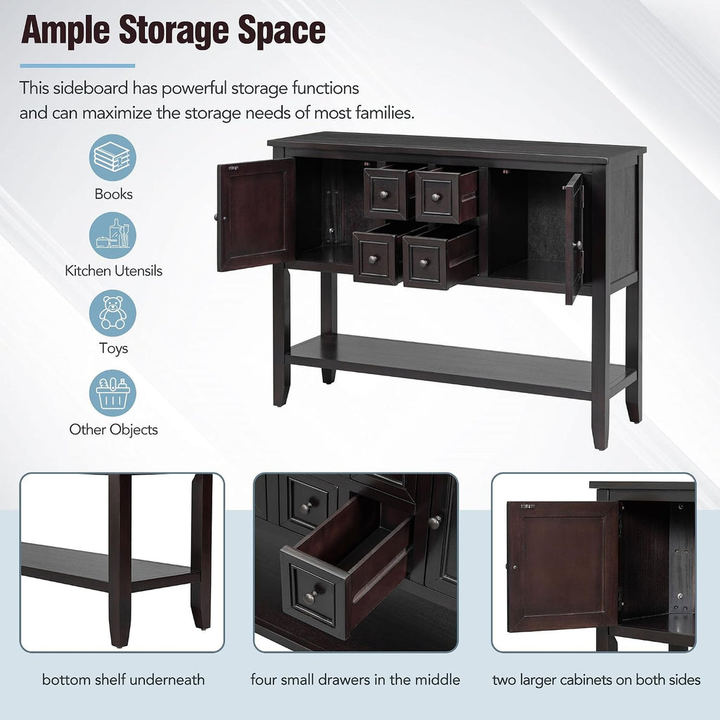 Knocbel Vintage Wood Console Table Buffet Sideboard with 4 Storage Drawers, 2 Cabinets & Bottom Shelf, Entryway Hallway Foyer Table Cupboard Coffee Bar Cabinet (Espresso 44.5")