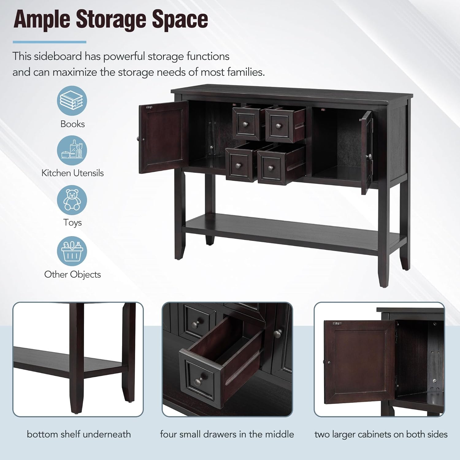 Knocbel Vintage Wood Console Table Buffet Sideboard with 4 Storage Drawers, 2 Cabinets & Bottom Shelf, Entryway Hallway Foyer Table Cupboard Coffee Bar Cabinet (Espresso 44.5")