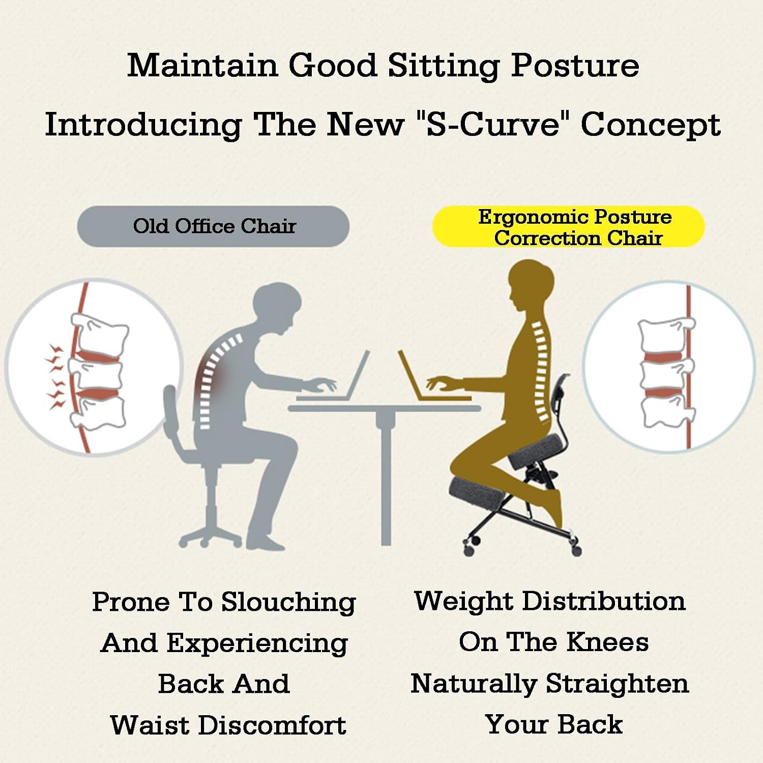 Height Adjustable Kneeling Stool Office Chair for Back & Neck Pain Relief, Ergonomic Design for Better Posture, Comfortable PC Chair for Home & Office Use