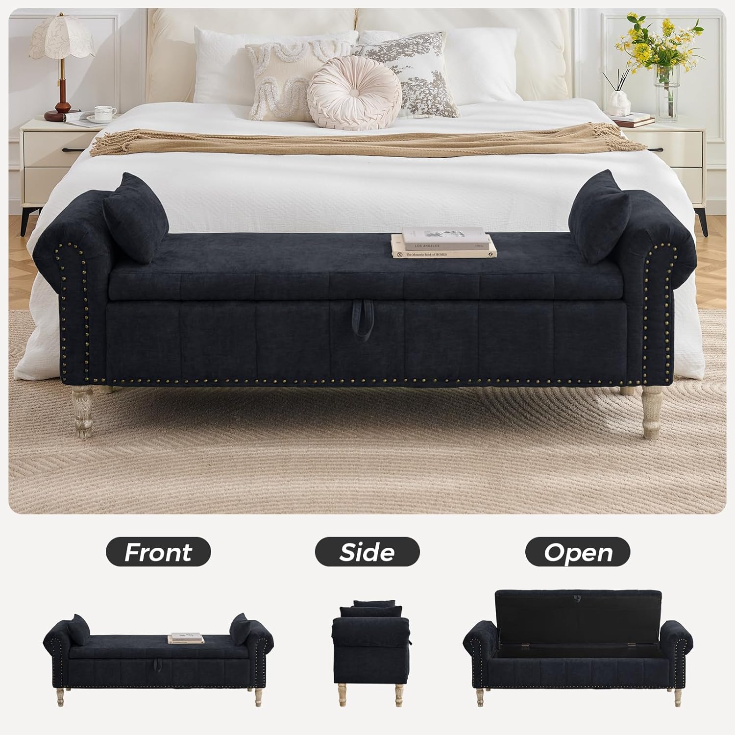 67" Storage Bench for Bedroom End of Bed King Size, Bedroom Bench with Storage for Foot of Bed, Upholstered Storage Benches with Nailhead Trim and Pillows, Linen Black