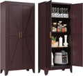 Washsemba 61" Tall Farmhouse Metal Pantry Cabinet, Kitchen Pantry Storage Cabinets with 2 Barn Door and Adjustable Shelves,for Kitchen,Laundry Room,Home Office,Kids Room （Burgundy）