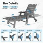 UDPATIO Outdoor Chaise Lounge Chair, HDPE Patio Lounge Chairs for Outside with Wheels & Cup Holder, Reclining Seating with 5 Position for Poolside Deck Garden Indoor,Grey,1PC