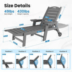 UDPATIO Outdoor Lounge Chair Pool Waterproof Chaise Chairs Reclining | HDPE 5-Position Adjustable with Wheels Double Cup Holder Heavy-Duty for Beach Garden Deck or Indoor Hdpe Light Grey