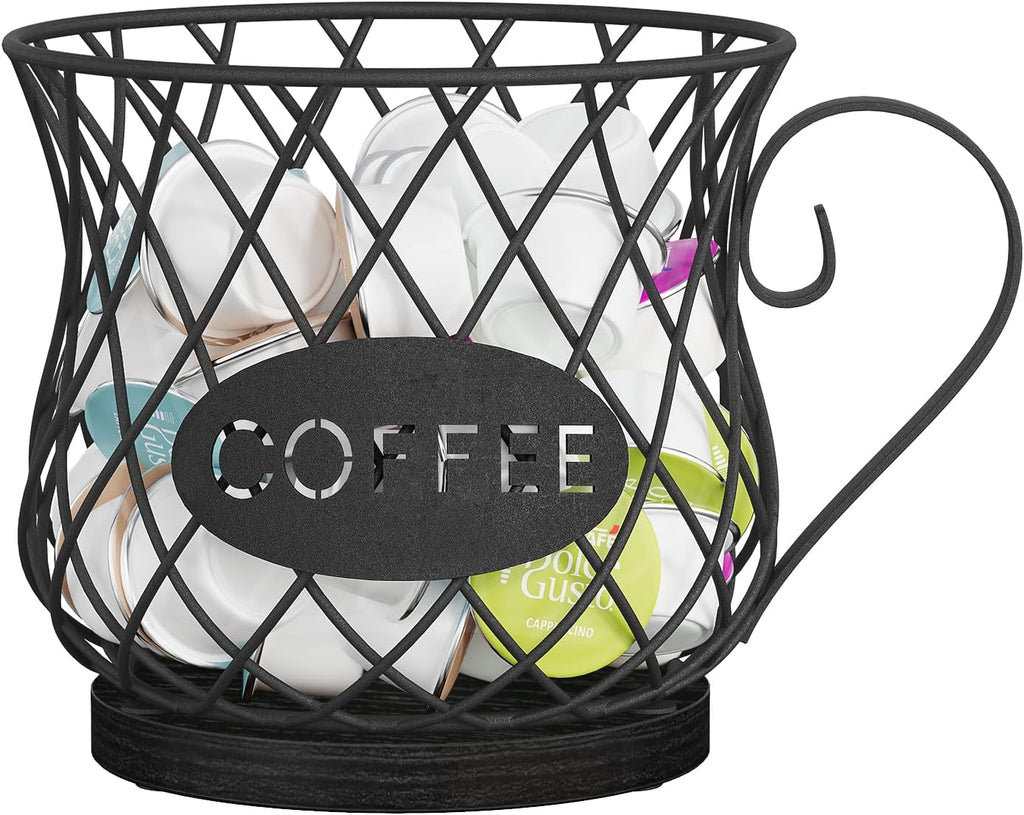 YINMIT K Cup Holder Organizer, Sturdy Coffee Pod Holder Organizer, 35 Kcup Large Capacity Storage Basket for Kitchen Counter and Office Desktop (Black-Circular with Handle)