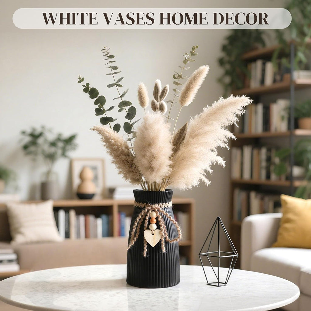 DomeStar Black Ceramic Vase, 6.3" Tall Boho Ribbed Vase for Pampas Grass, Wedding Centerpiece, Coffee Table, Bedroom & Apartment, Neutral Farmhouse Minimalist Modern Home Decor