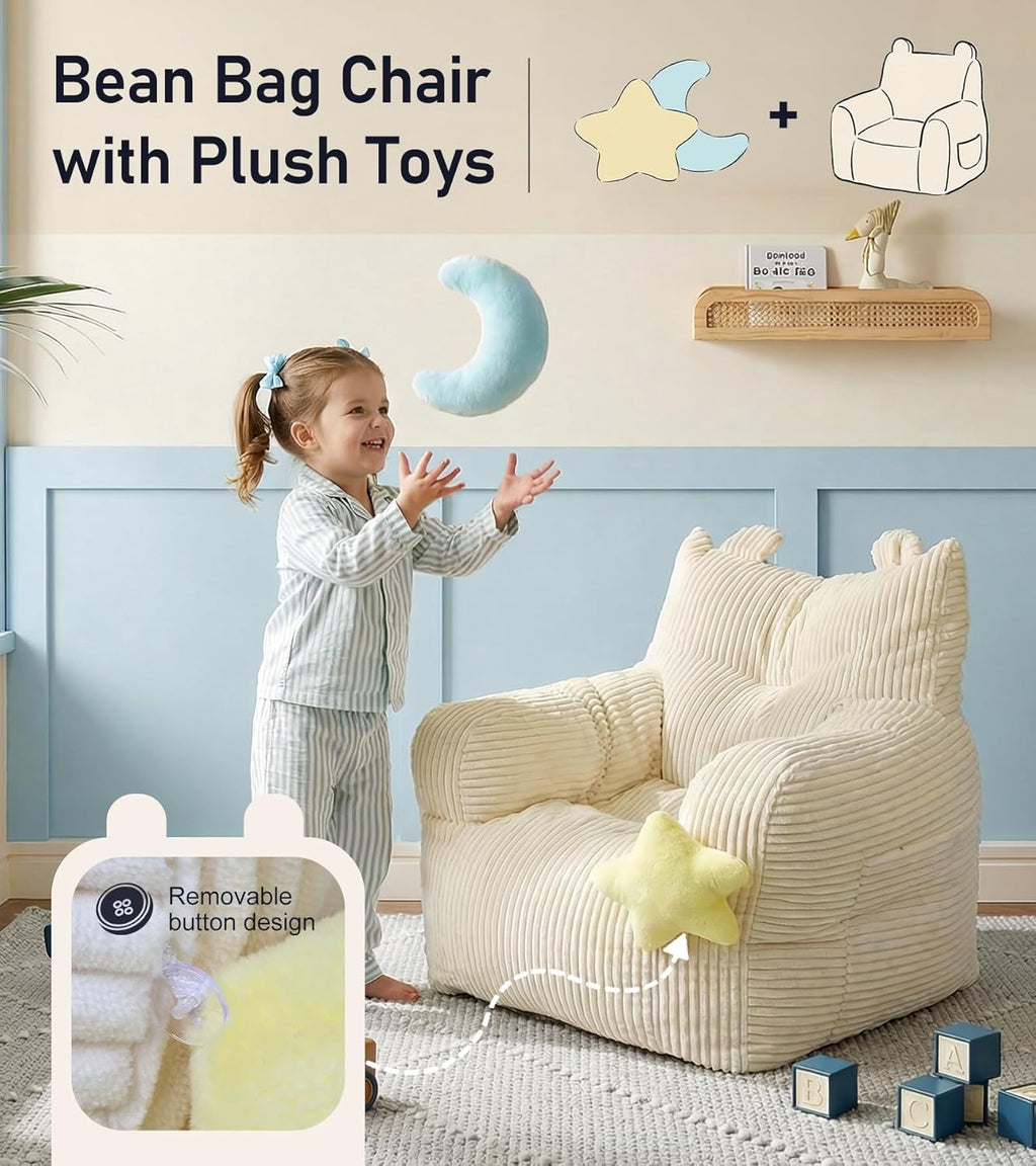 little dove Bean Bag Chairs for Kids, Comfy Bean Bag Chair with 2 Plush Toys, Toddler Chair with Pocket, Stuffed Lazy Sofa with Filler for Boys and Girls, Kids Chairs for Gaming, Reading, Beige