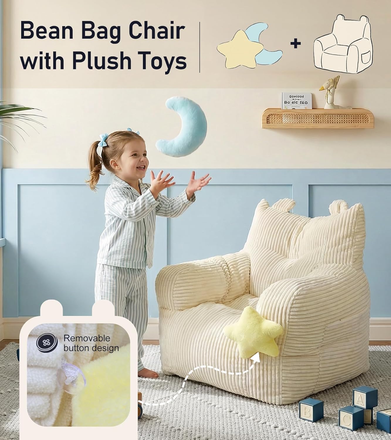 little dove Bean Bag Chairs for Kids, Comfy Bean Bag Chair with 2 Plush Toys, Toddler Chair with Pocket, Stuffed Lazy Sofa with Filler for Boys and Girls, Kids Chairs for Gaming, Reading, Beige
