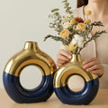 Blue and Gold Vase Decor Donut Vase Set of 2 - Circle Hollow Vases, Modern Matte Ceramic Vases for Entryway Living Room Bedroom Dining Table Centerpiece Office Home Decor