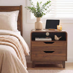 Nightstands Set of 2 with Charging Station, Mid Century Modern Night Stands with LED Light, 23.6" Wide Wood Bed Side Tables Bedroom, Large Bedside Table, Curved End Table with 2 Drawers| Walnut