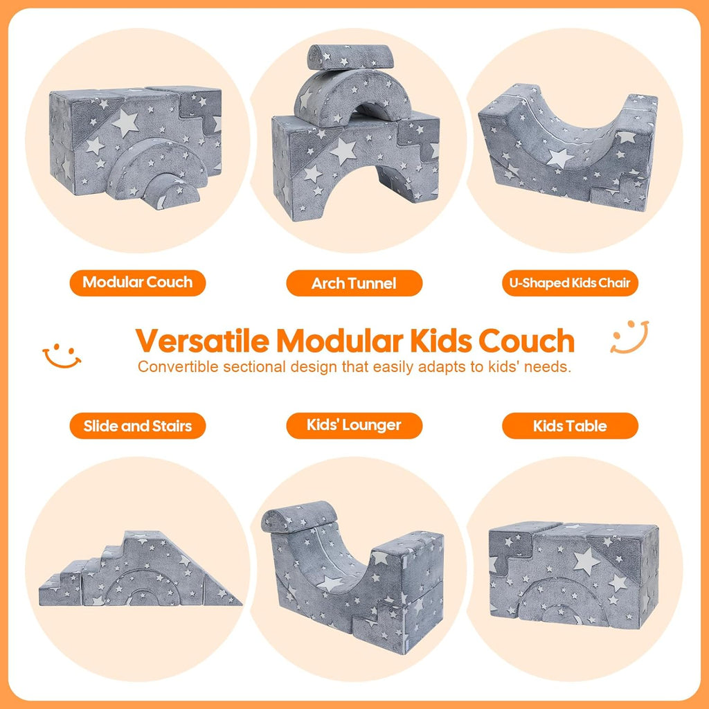 MeMoreCool Toddler Foam Climbing Couch – Modular Kids Sofa with Slide & Stairs | Convertible Sectional Play Couch for Babies & Toddlers, Glow‑in‑the‑Dark Stars, Soft Foam Playroom Furniture