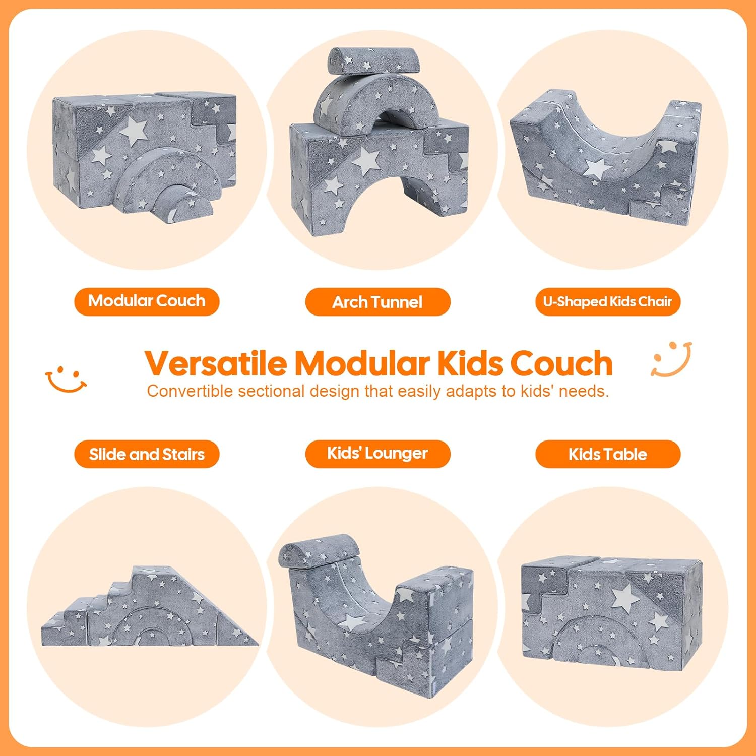 MeMoreCool Toddler Foam Climbing Couch – Modular Kids Sofa with Slide & Stairs | Convertible Sectional Play Couch for Babies & Toddlers, Glow‑in‑the‑Dark Stars, Soft Foam Playroom Furniture