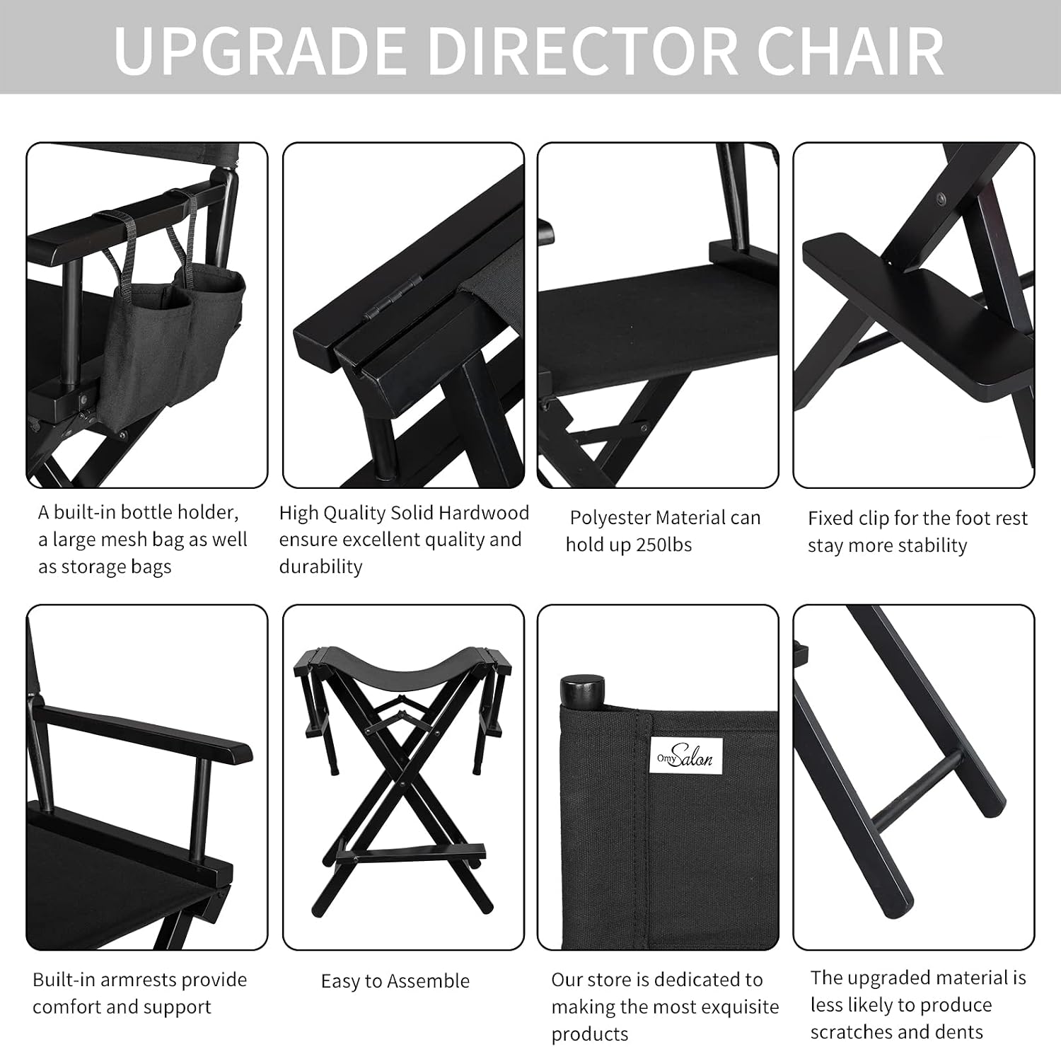 OmySalon 26" H Tall Directors Chair, Wooden Portable Folding Makeup Chair w/Storage Pouch & Footrest, Professional for Salon/Events/Mobile Services, 250lb Capacity, Black Canvas