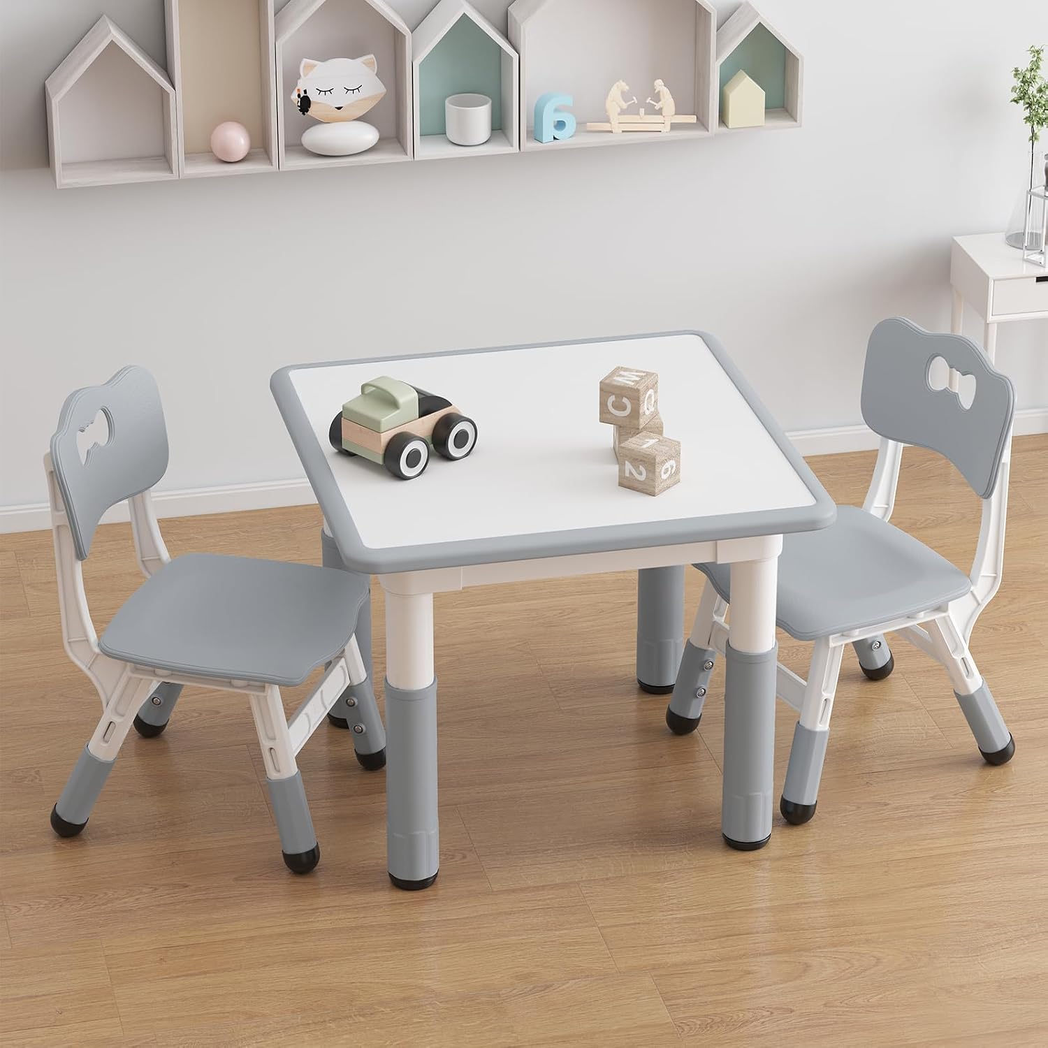 GAOMON Kids Table and 2 Chairs Set with Graffiti Desktop, Height Adjustable Toddler Table and Chairs Set for Reading, Drawing, Playing, Eating