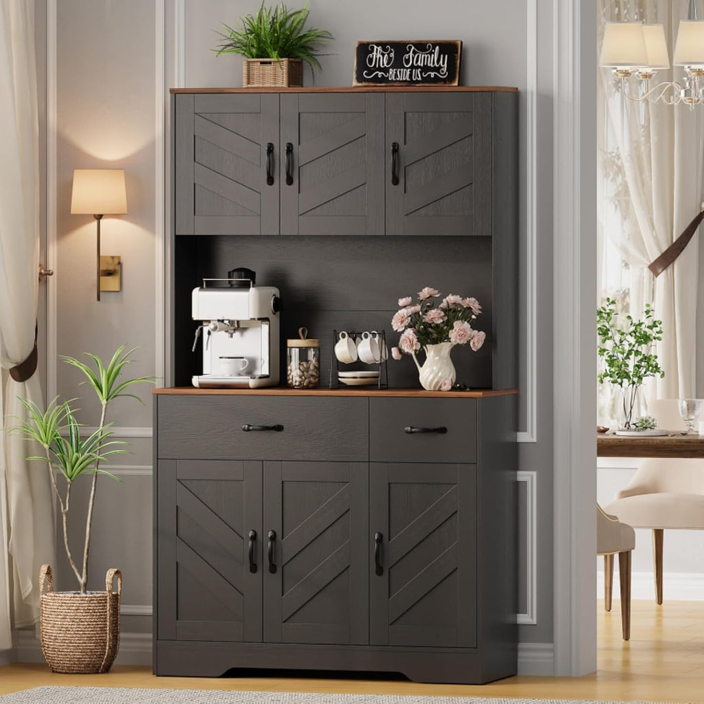 71" Pantry Cabinet with Charging Station, Kitchen Hutch Storage Cabinet with Countertop & Drawer, Farmhouse Food Pantry with Microwave Stand & Adjustable Shelves for Living Room, Dining Room, Black