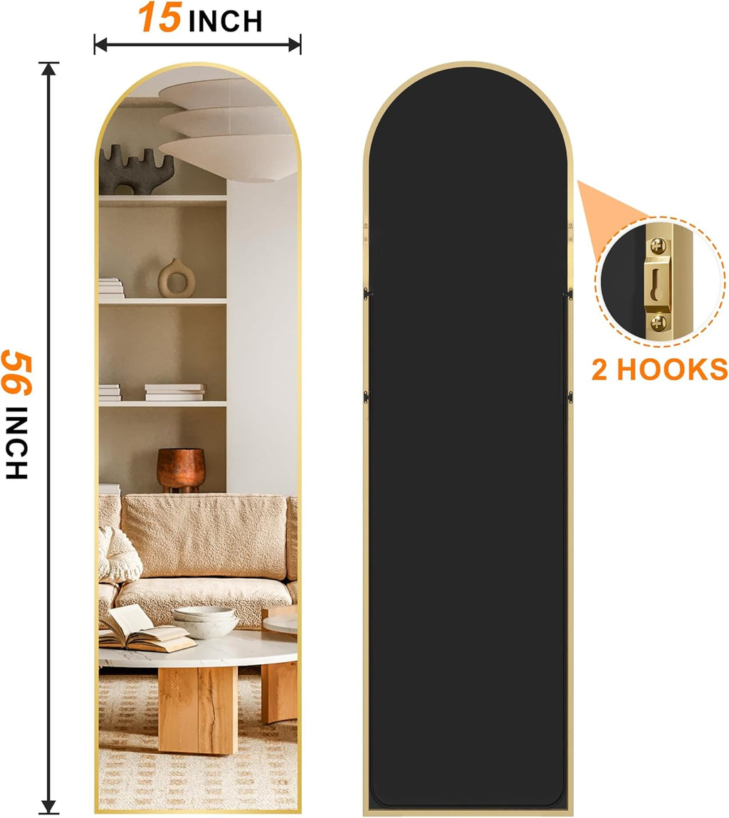 TRAHOME Arched Full Length Mirror, 56"x15" Standing Body Mirror for Wall, with Aluminum Alloy Frame for Bedroom, Living Room, Dressing Room(Gold)