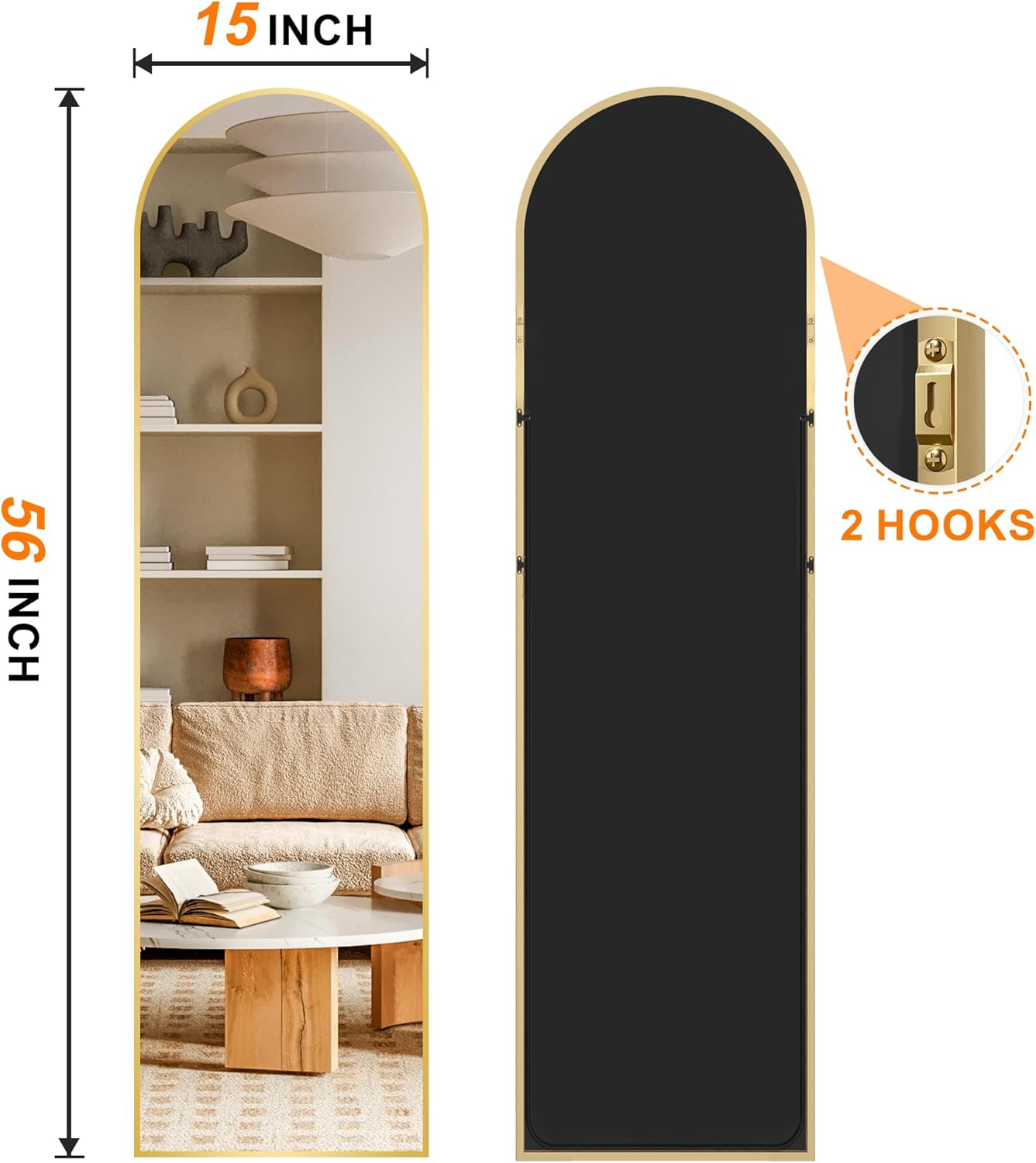 TRAHOME Arched Full Length Mirror, 56"x15" Standing Body Mirror for Wall, with Aluminum Alloy Frame for Bedroom, Living Room, Dressing Room(Gold)