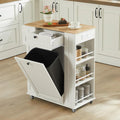 ONBRILL 35" Kitchen Island with Trash Can Cabinet & Power Outlet, Rolling Kitchen Cart with Storage Drawer, 6-Tier Spice Rack, Portable Sideboard Table for Dining Room, Living Room, White