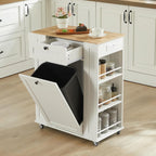 ONBRILL 35" Kitchen Island with Trash Can Cabinet & Power Outlet, Rolling Kitchen Cart with Storage Drawer, 6-Tier Spice Rack, Portable Sideboard Table for Dining Room, Living Room, White