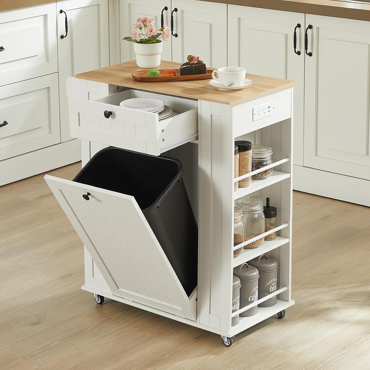 ONBRILL 35" Kitchen Island with Trash Can Cabinet & Power Outlet, Rolling Kitchen Cart with Storage Drawer, 6-Tier Spice Rack, Portable Sideboard Table for Dining Room, Living Room, White
