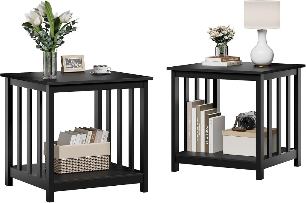 Treocho Large End Tables Living Room Set of 2 with Storage Shelf | Side Table, 24 InchModern Nightstand, Living Room, Bedroom, Office, Black