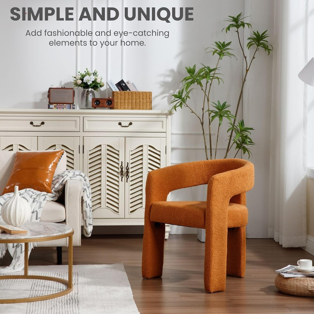Modern Sherpa Barrel Dining Chair, Upholstered Accent Chair with Curved Back Comfy Side Chair Lounge Armchair for Kitchen Dining Room Living Room Reception, Terracotta
