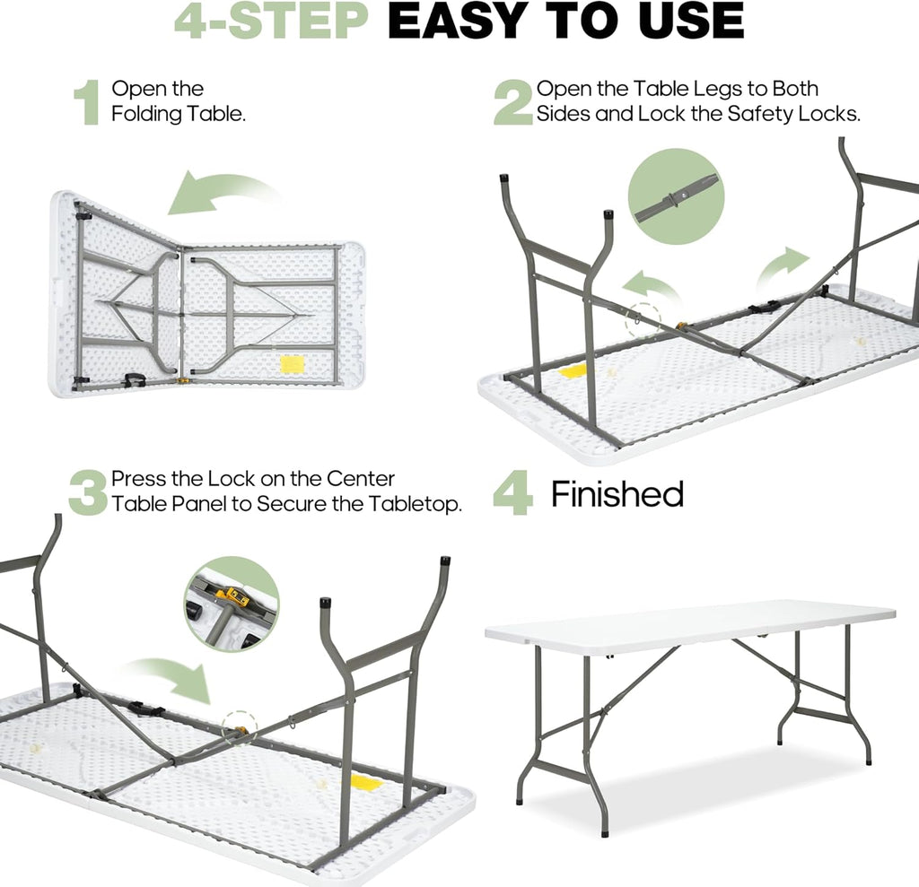 Folding Table 6ft, Heavy-Duty 500lbs Weight Capacity Foldable Table with HDPE Top & Steel Legs, Portable 6 Foot Picnic Table for Indoor Outdoor Parties, Camping, Event
