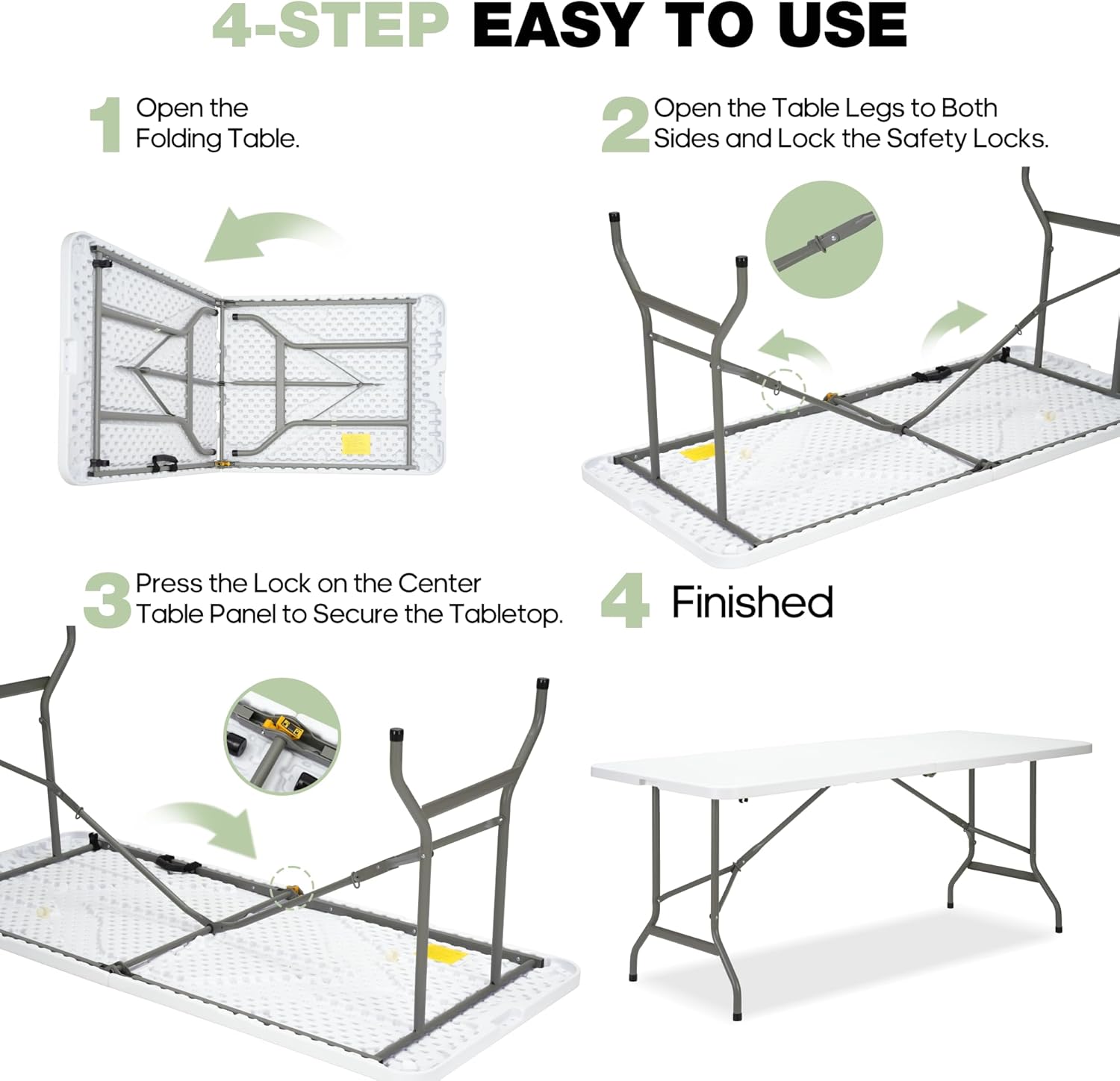 Folding Table 6ft, Heavy-Duty 500lbs Weight Capacity Foldable Table with HDPE Top & Steel Legs, Portable 6 Foot Picnic Table for Indoor Outdoor Parties, Camping, Event