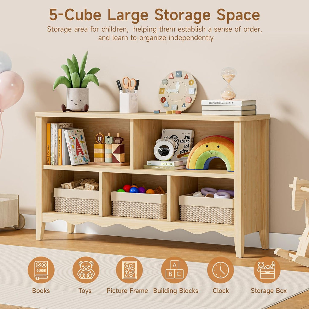 ONBRILL Montessori Shelf, 5 Cube Toy Storage Organizer with Wave Design, Safe Wooden Kid Toy Organizer Cabinet, Kids Bookshelf & Bookcase for Nursery Kids Room Playroom Bedroom Living Room Nursery