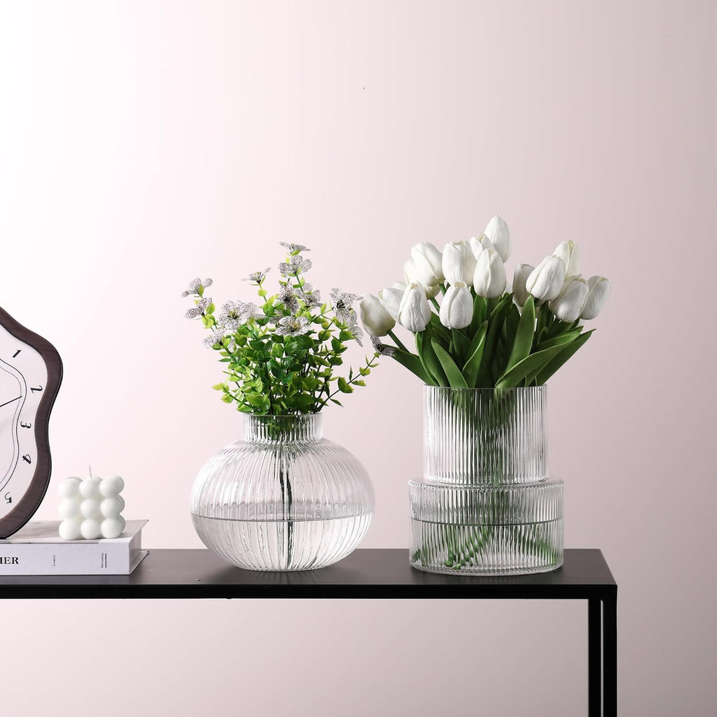 Ribbed Glass Vases, Set of 2 Fluted Vases for Flowers, Clear Glass Vase for Tulips, Modern Vase for Living Room, Kitchen, Office, Entryway, Mantle, Bookshelf, Wedding Gifts, Birthday