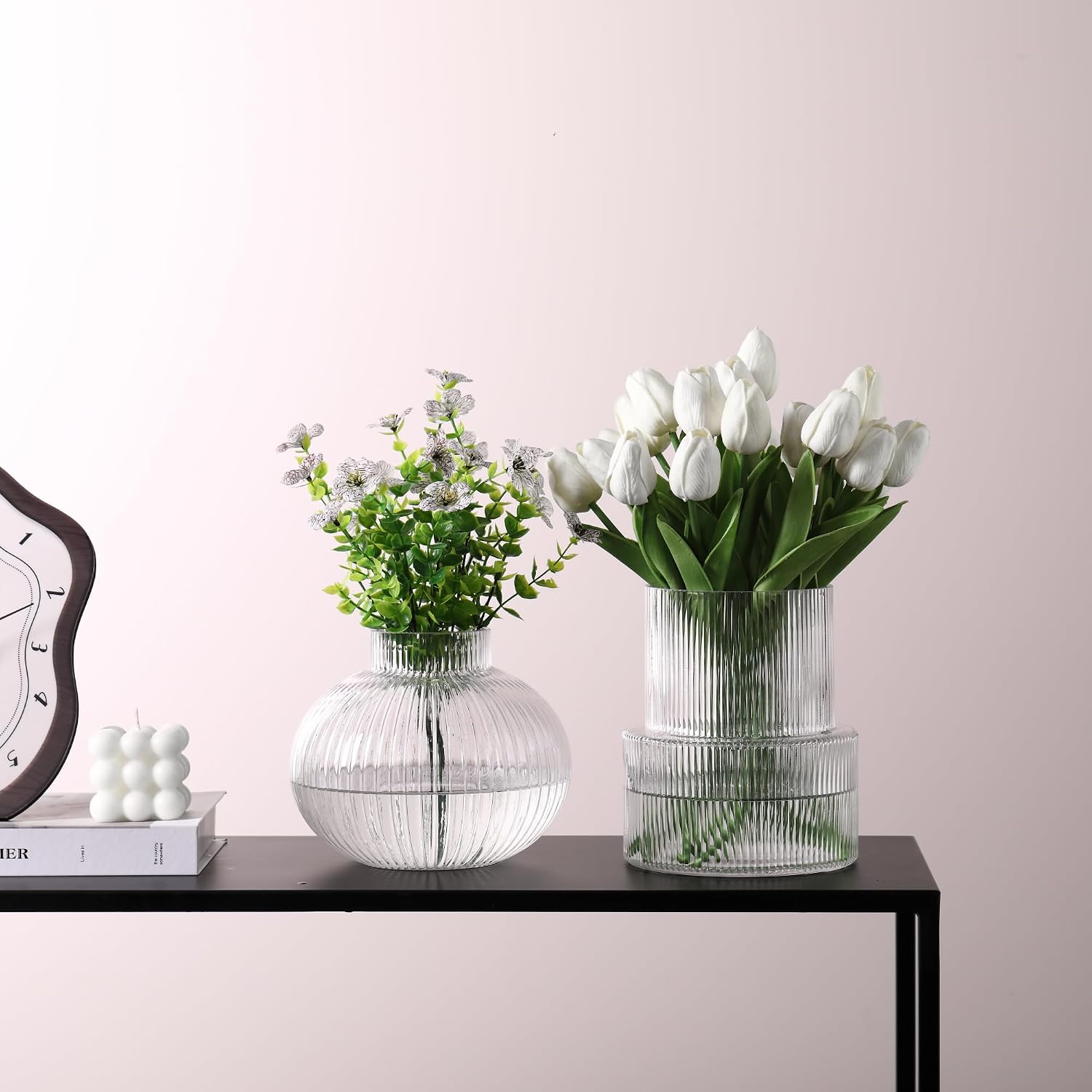 Ribbed Glass Vases, Set of 2 Fluted Vases for Flowers, Clear Glass Vase for Tulips, Modern Vase for Living Room, Kitchen, Office, Entryway, Mantle, Bookshelf, Wedding Gifts, Birthday