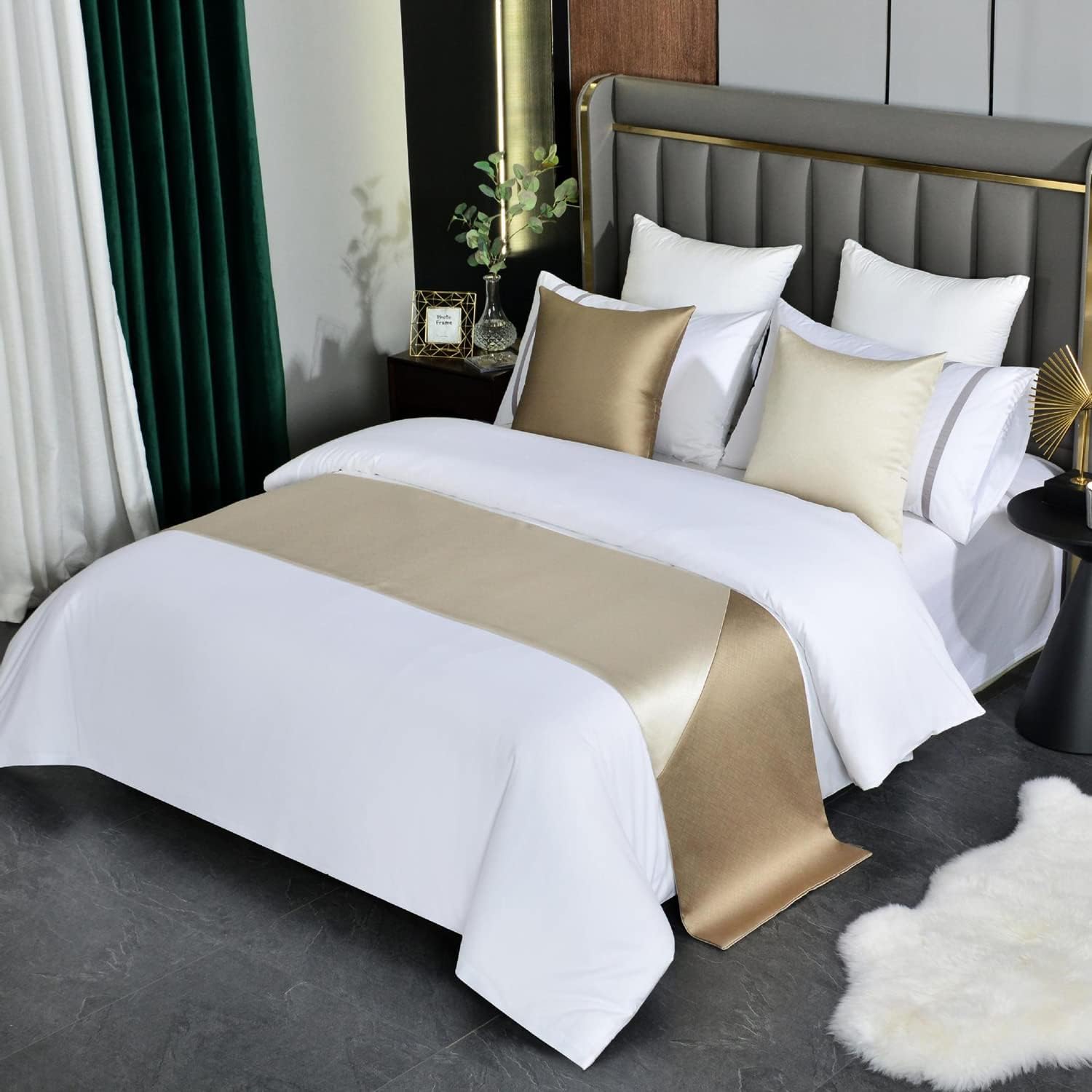 twelves Prague Contrast Queen Bed Runner, Gold Patchwork Bedding Decorative Accent Bedding Scarf for Hotel Home Guestroom