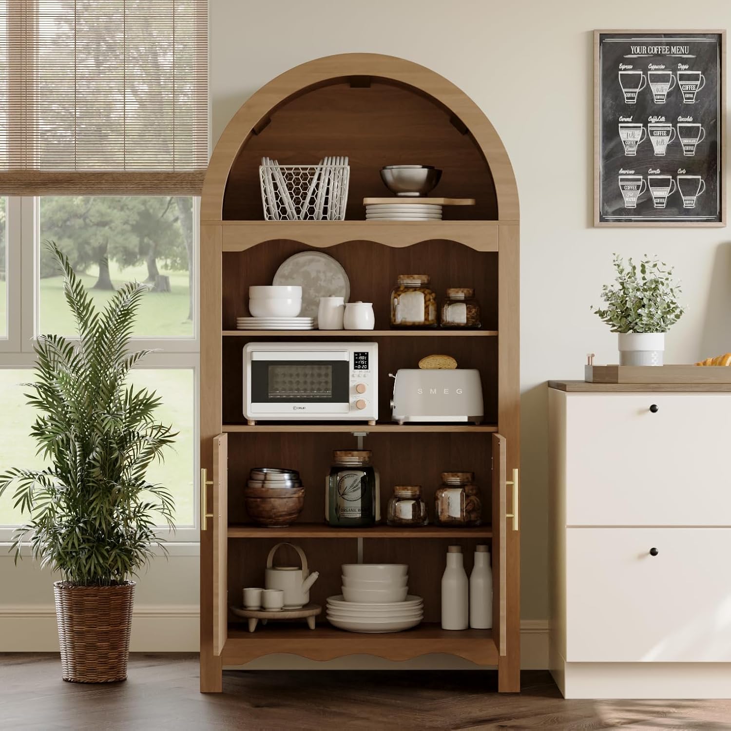 LINLUX 63" Arched Kitchen Pantry Cabinet, Arched Cabinet with Rattan Doors & Adjustable Shelves, Versatile Cupboard Arch Cabinets for Kitchen Storage, Dinning Room, Living Room, Entryway, Natural