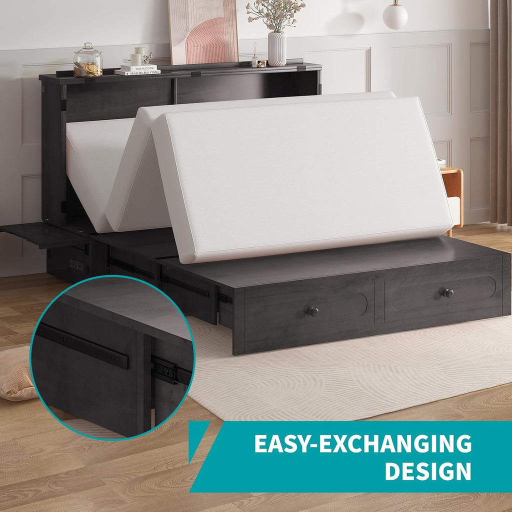 BALUS Queen Murphy Bed with Tri-fold Mattress, USB Charging Station, Murphy Cabinet Bed with Storage Drawer, Space-Saving Hidden Cabinet Chest Beds for Guest Room Living Room, Dark Grey