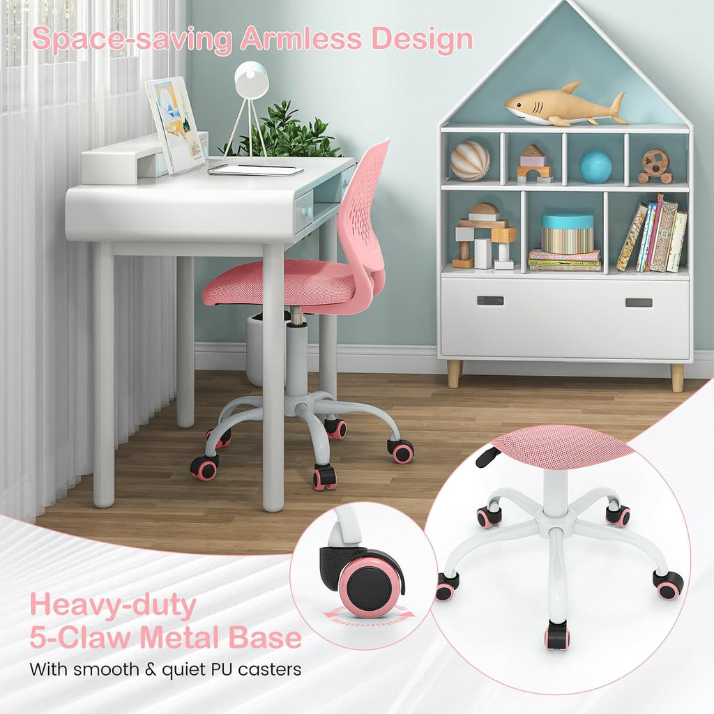 Giantex Kids Desk Chair, Adjustable Children Study Chair, Swivel Armless Mesh Task Office Chair, Computer Desk Chair with Adjustable Height & Lumbar Support, Pink