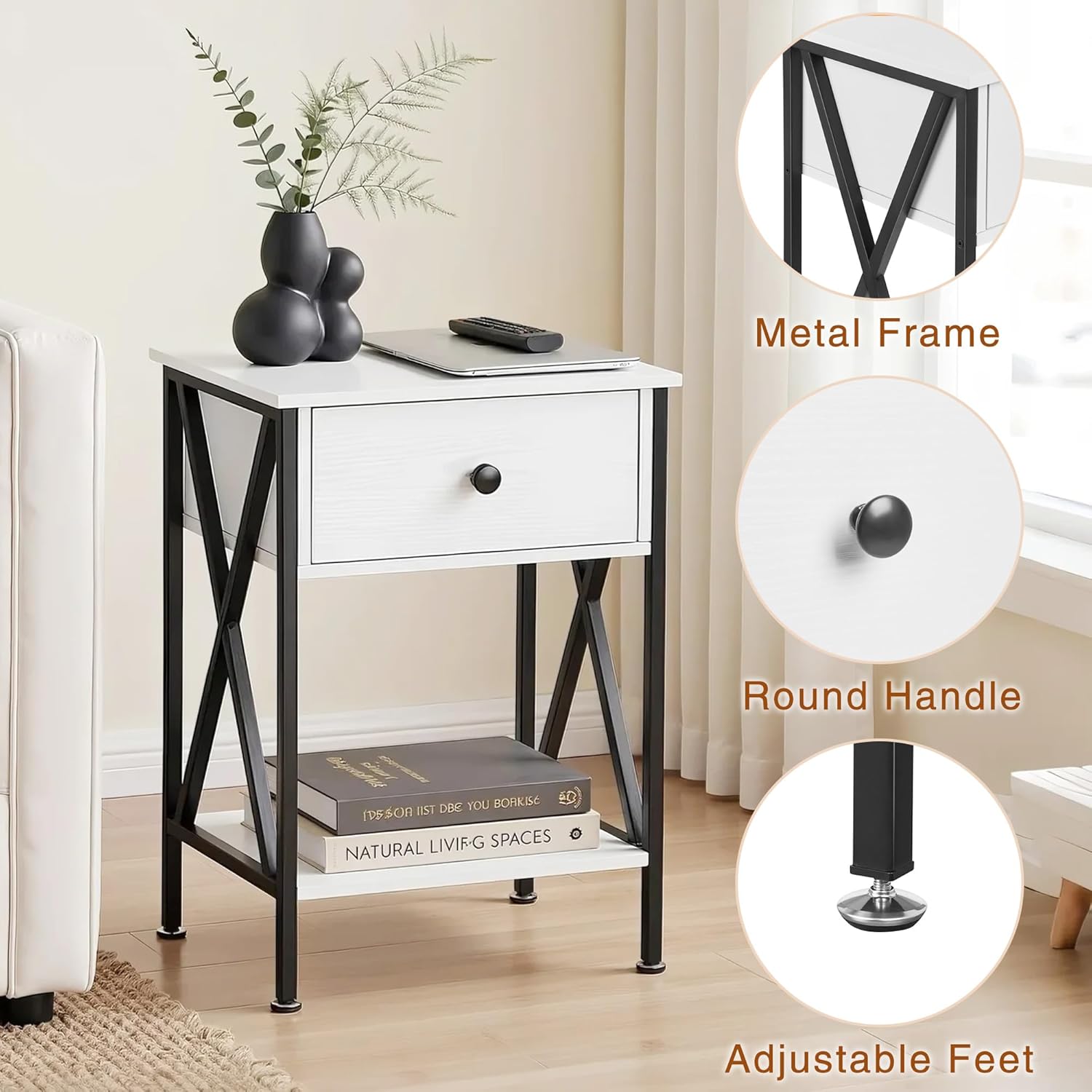 VECELO Nightstand,Modern Bedside End Table, Night Stand with Drawer and Storage Shelf for Living Room Bedroom, Industrial Metal Frame