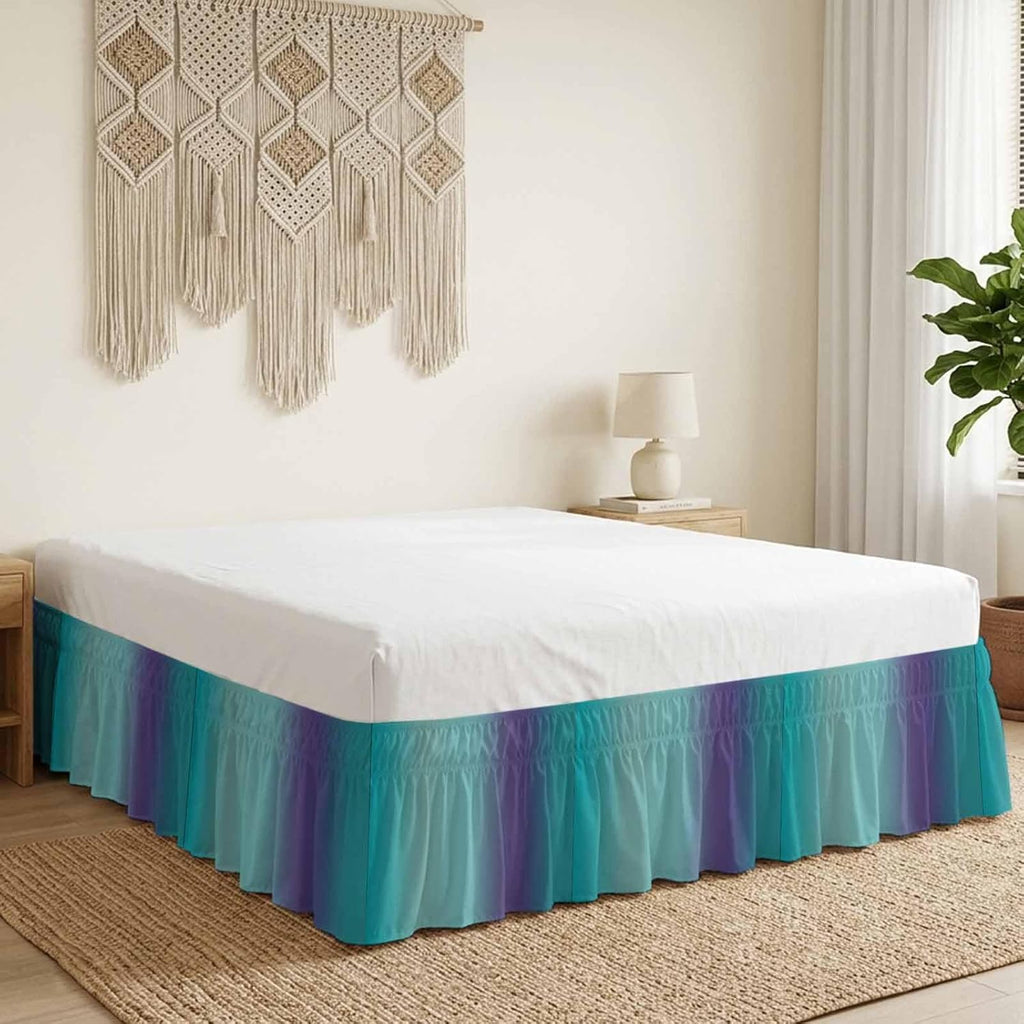 Teal Purple Ombre Bed Skirt King Size 18 Inch Drop, Wrap Around Bed Skirts, Modern Art Abstract Aesthetics Elastic Bedskirt Pleated Bed Frame Cover Luxurious Dust Ruffle for King Bed