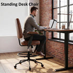 Marsail Ergonomic Drafting Chair for Standing Desk, 330lbs Heavy Duty Tall Office Chair with Adjustable Foot Ring & Flip-Up Arms, Comfort Brown Leather, 3.5" Thick Cushion