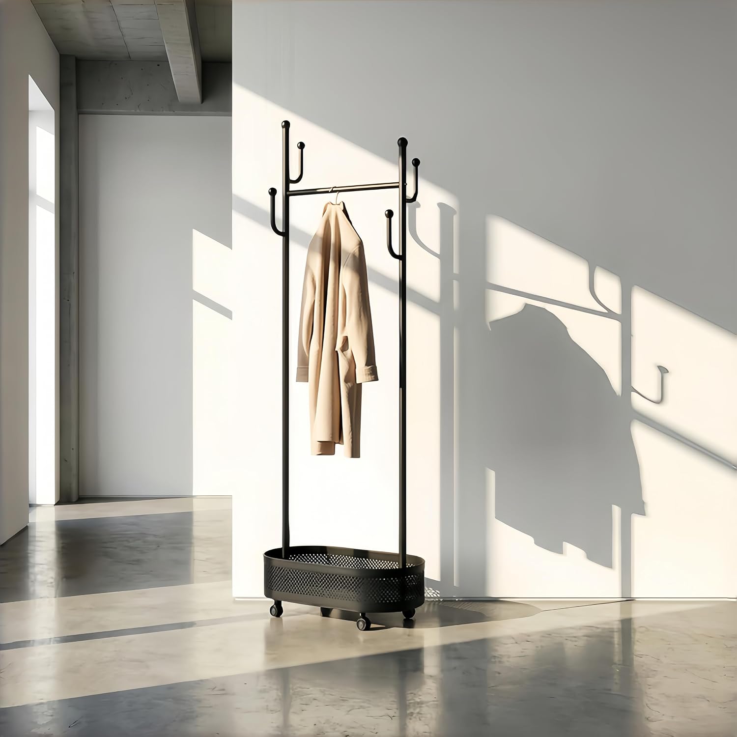 Cactus Coat Rack, Metal Garment Rack with Wheels, Double Sided, Modern Style, Powder Coated, for Entryway and Bedroom, 24x14x66.93 Inches (Black)
